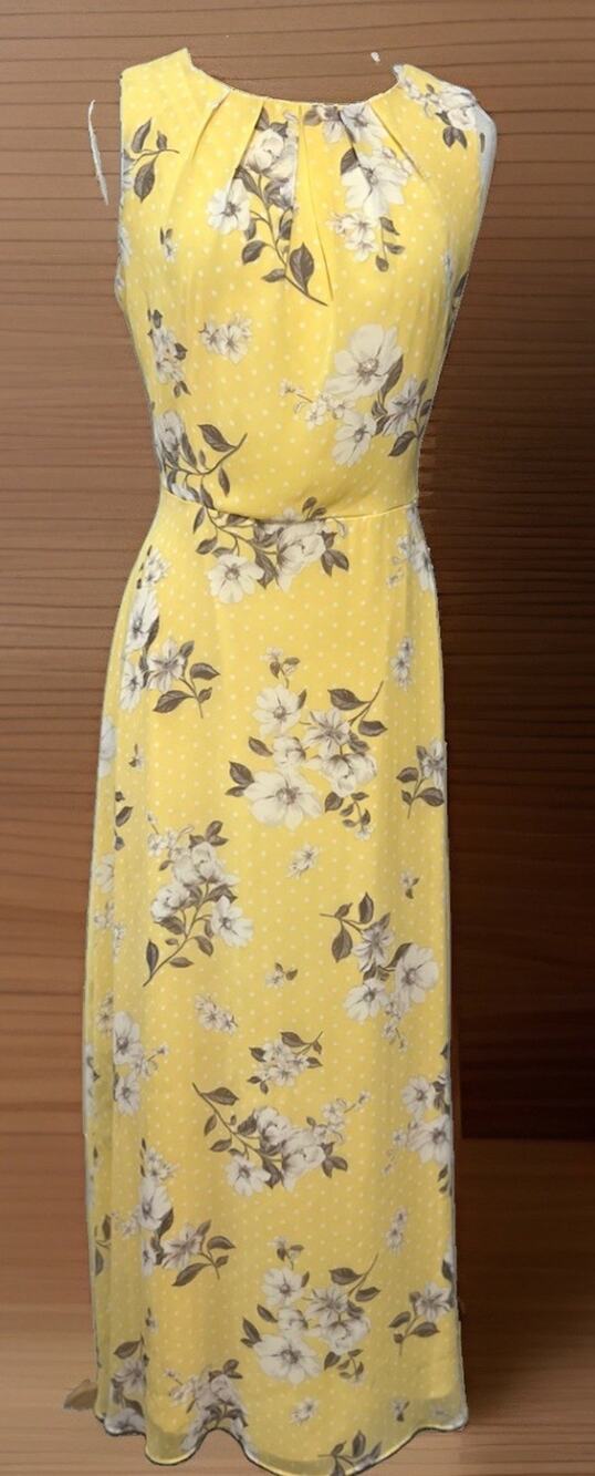 R&K Womens 16 Yellow Romantic Floral Polka Dot Chiffon Sleeveless Maxi Dress